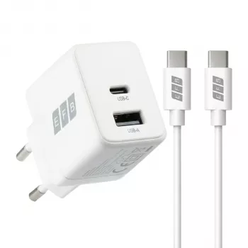 EFB Elektronik G301A1CE 30W GaN USB-C PD3.0 + USB-A QC3.0 Wall Charger Set with 2m USB-C Cable, White