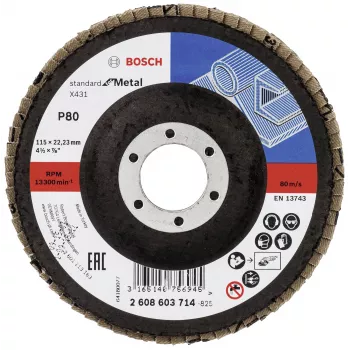 Bosch X431 Standard Flap Disc for Metal, Straight, 115 mm, Grit 80, Fibreglass Backing 2608603714