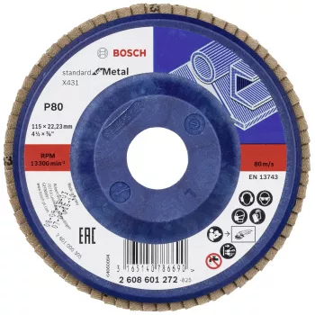 Bosch X431 Standard for Metal Flap Disc, 115 mm, Zirconia Alumina, P60 Grit, 22.23 mm Bore 2608601272