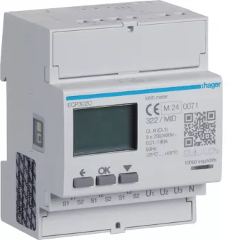 Hager ECP302C Three-Phase Energy Meter for 1A or 5A Current Transformers, 4-Module DIN Rail, S0 Pulse Output