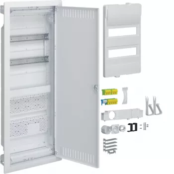 HAGER VU602NWH Flush-Mounted Distribution Cabinet with Socket and Steel Door, 2 Rows, 24 Modules, White