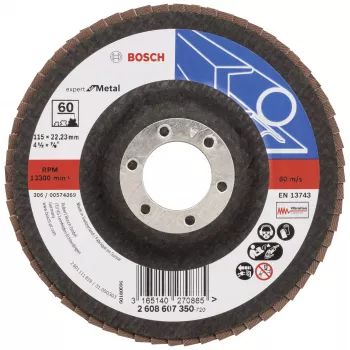 Bosch X551 Standard for Metal Flap Disc, 115 mm Diameter, 22.33 mm Bore, 60 Grit, Zirconia Alumina, Conical, 1 Piece 2608607350