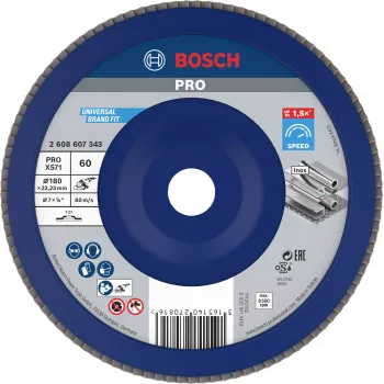 Bosch X571 Best for Metal Flap Disc, 180 mm Diameter, 22.33 mm Bore, Zirconia Alumina, K40 Grit, Conical Type 29, for Steel and Ferrous Metals 2608607343
