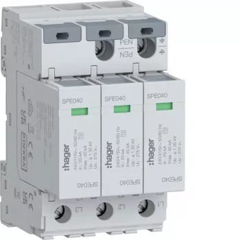 Hager SPE340 Type 2 Surge Protection Device, 3-Pole, TNS/TT, 275V, 20kA, 40kA Imax