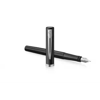 Waterman Impression Fountain Pen Black Lacquer Chrome Trim Ring Fine Nib Blue Ink Gift Box 2225496
