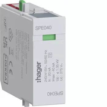 Hager SPE040 Surge Protection Module L-N Uc 275V In 20kA Imax 40kA Up 1.35kV