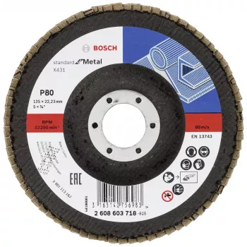 Bosch X431 Standard Flap Disc for Metal, Straight, 125 mm, Grit 80, Fibreglass Backing 2608603718