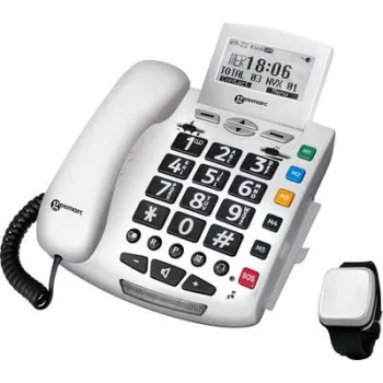 Geemarc Pack SERENTIES Corded Senior Phone with Fall Detection Pendant, Backlit Display, White