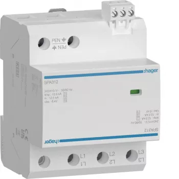 Hager SPA312 Type 1+2+3 Surge Protection Device, 3-Pole, 12.5 kA, TN-C, DIN Rail