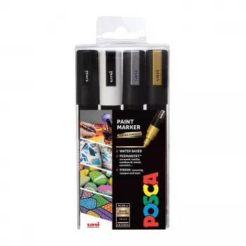 Uni-Ball Faber-Castell POSCA PC-5M Metallic Acrylic Marker Set, 4 Colours, Medium Round Tip 1.8-2.5mm 182544