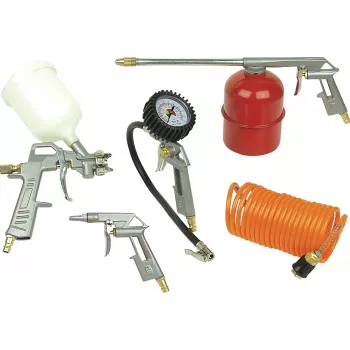 Brüder Mannesmann 5-Piece Compressed Air Accessory Set 1527 | Tire Inflator, Blow Gun, Paint Spray Gun, Oil Spray Gun, 4m Spiral Hose