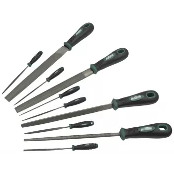 BRÜDER MANNESMANN GREEN LINE 10-Piece Workshop File Set, 200 mm, Cut 2, with Handle and Wire Brush, Blister Pack (M61015)