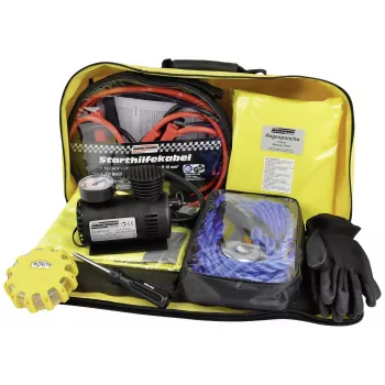 BRÜDER MANNESMANN Car Emergency and Breakdown Kit with Warning Triangle, Warning Vest, First Aid Kit, Tow Rope, Jump Leads, Work Gloves in Neon Yellow Nylon Bag (M01782)