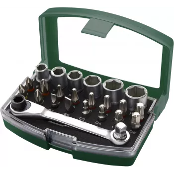 BRÜDER MANNESMANN 24-Piece Bit and Socket Set, 1/4 inch Drive, S2 Steel Bits, Chrome Vanadium Sockets, Plastic Case (M29700)