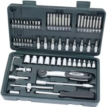 BRÜDER MANNESMANN 1/4 inch 65-Piece Socket Set with Ratchet, Extensions, Bits and Case 29165
