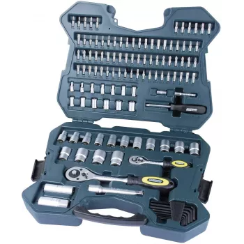 BRÜDER MANNESMANN 115-Piece Socket Set 1/2 inch & 1/4 inch Drive with Reversible Ratchets, CrV Steel, Metric Sizes, Bits, Extensions, Universal Joints, in Case (98415)