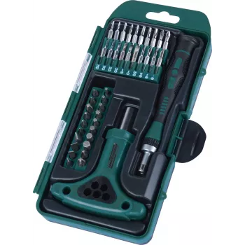 BRÜDER MANNESMANN 42-Piece Precision Bit Box Set with Ratchet Screwdriver, S2 Steel Bits, Magnetic Quick-Change, Storage Cassette 29895