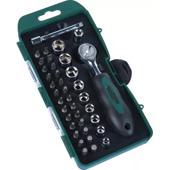 BRÜDER MANNESMANN 38-Piece Socket and Bit Set, 1/4 inch Drive, Reversible Ratchet, CrV Steel 29891