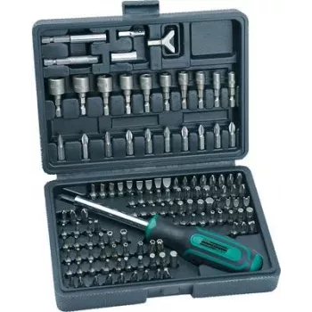 BRÜDER MANNESMANN 122-Piece Screwdriver and Bit Set in Plastic Case, Chrome Vanadium Steel Bits, 1/4 inch Hex Drive, Ergonomic Handles, Magnetic Bit Holder, DIN Standard M29896