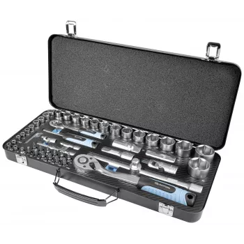Brüder Mannesmann Q25010 65-Piece Socket Wrench Set, 1/4 inch & 1/2 inch Drive, Chrome Vanadium Steel, 6-Point Sockets, Reversible Fine-Tooth Ratchets, in Plastic Case
