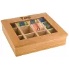 APS light brown bamboo tea box with clear viewing window, 9 compartments, 31 x 28 x 9 cm 11775