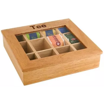 APS light brown bamboo tea box with clear viewing window, 9 compartments, 31 x 28 x 9 cm 11775
