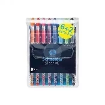 Schneider Slider Basic Ballpoint Pen Set - 8 Different Colours, Extra-Wide 1.4 mm Tip, Viscoglide Technology, Ergonomic Rubberised Grip Zone, Stainless Steel Clip 151298
