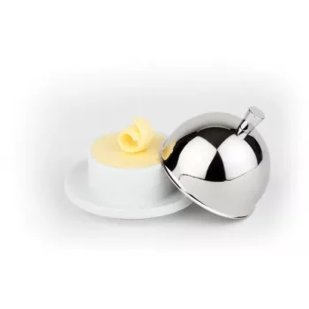 APS Butter Dish, Porcelain Bowl with Stainless Steel 18/8 Lid, 180 x 130 x 70 mm, White/Silver, 1 Piece 15921