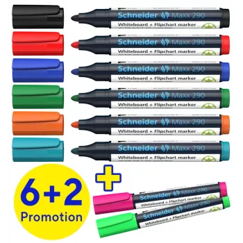 Schneider Maxx 290 Whiteboard and Flipchart Marker 8-Piece Set Various Colours, Round Tip 2.0-3.0 mm 129098