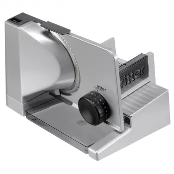ritter solida 4 All-Purpose Slicer with ECO Motor Full Metal Version, Tilted - Cutting Thickness Adjustment up to approx. 23 mm - Safety Momentary and Continuous Switch - Smooth-Running Carriage with Stainless Steel Surface - made in Germany (554.070)