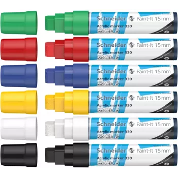 Schneider Paint-It 330 V1 Acrylic Marker Set, 6 Assorted Colours, 15 mm Chisel Tip 120396