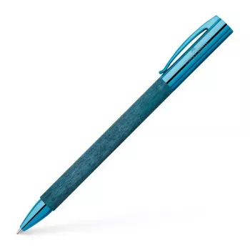 Faber-Castell Ambition Ballpoint Pen – Blue Wooden Barrel, Black Ink, Chrome Decorative Ring 148035