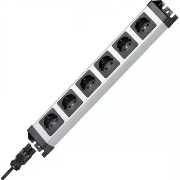 Kopp POWERversal 6-gang power strip with GST18i input, without switch, silver/black 2.29420012E8
