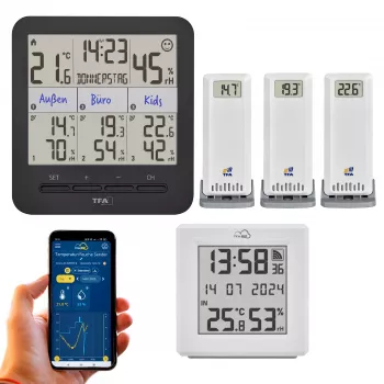 TFA Dostmann TFA.me Starter Set with Wi-Fi Gateway and 2 KLIMA@HOME Radio-Controlled Thermo-Hygrometers, Black/White 35.8109.02