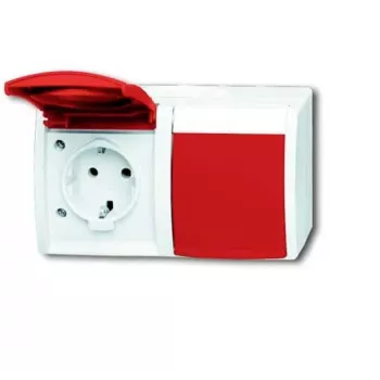 Busch-Jaeger 20/2 Double Socket with Red Hinged Cover, Horizontal, 2084-0-0713 (2CKA002084A0713)