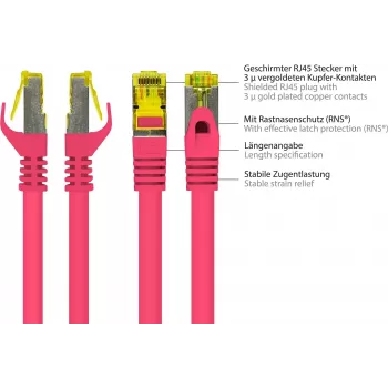GoodConnections 8070R-400M Cat.7 S/FTP RJ45 Patch Cable, PiMF, Halogen-Free, 600 MHz, OFC, RNS Latch Protection, 40 m, Magenta