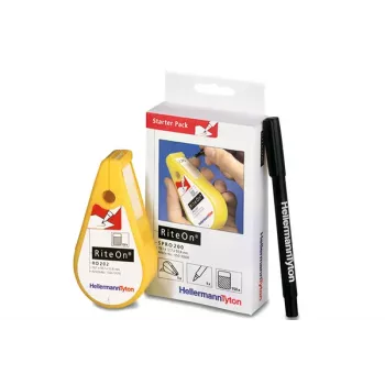HellermannTyton RiteOn Starter Pack with Pre-filled Dispensers, 600 Self-laminating Labels, White, 19 x 38 mm, incl. Red Marker 550-14010