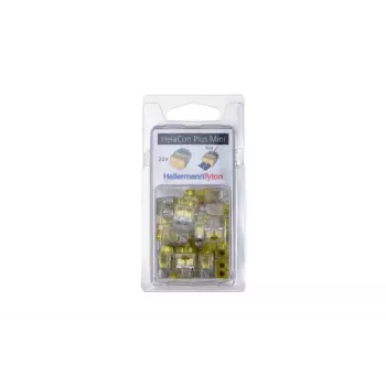 HellermannTyton HelaCon Plus Mini HCPM-2 push-in connector, 2-pole, 0.5-2.5mm², transparent/yellow, 20-pack 148-90054