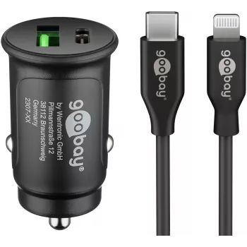 Goobay Dual USB Car Fast Charger Set Lightning 27 W - USB-C and USB-A Car Charger with USB-C to Lightning Cable 72166