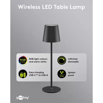 Wentronic Goobay Wireless LED Table Lamp, Size M, 38 cm, RGBW, Black (76569)