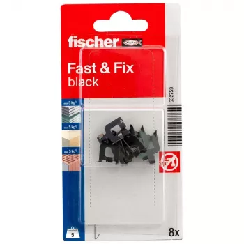 fischer Fast & Fix Wall Hook K NV Black (1 Set) – Self-Adhesive, No Drilling, Reusable