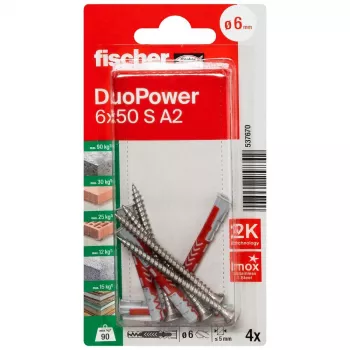 Fischer DuoPower 6 x 50 S A2 K NV Universal Wall Plug with A2 Screw, 1 Set (537670)