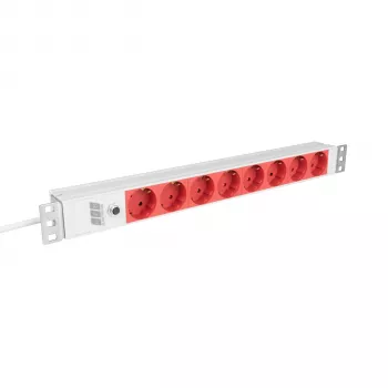 EFB Elektronik EK631CD.1GRV2 19-inch 1U rackmount power strip, 8x CEE 7/3 red sockets, IEC C14 input, 10A overload protection, grey