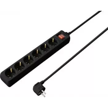 SYGONIX SY-4891006 6-Way Schuko power strip with illuminated switch, 1.5 m cable, black