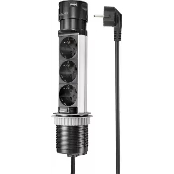SYGONIX SY-4997104 socket tower, 6 Schuko sockets, 2 USB-A ports, 1.5 m cable, black/silver