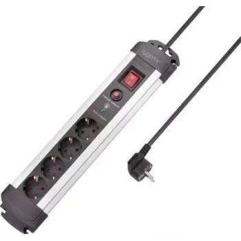 SYGONIX SY-4755610 Surge Protection Power Strip, 6 Schuko Sockets, 1.5 m Cable, Silver/Black