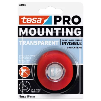 tesa Mounting PRO Transparent 66965-00001-00 Double-Sided Acrylic Foam Mounting Tape, 5 m x 19 mm, Holds up to 10 kg/m, UV and Moisture Resistant, for Indoor and Outdoor Use