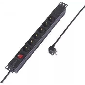 Sygonix SY-6736978 19 inch 1U Rack-Mount Power Strip, 6 Schuko Sockets, 2m Cable, Black