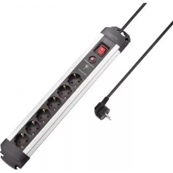 SYGONIX SY-4755612 surge protection power strip, 6 Schuko sockets, overcurrent protection, silver/black, 1.5 m cable