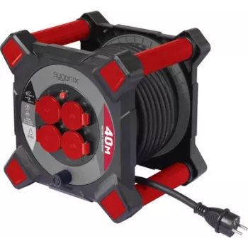 Sygonix SY-10236126 Cable Reel 25m H05VV-F 3G1.5 4 Schuko Sockets Thermal Protection Black
